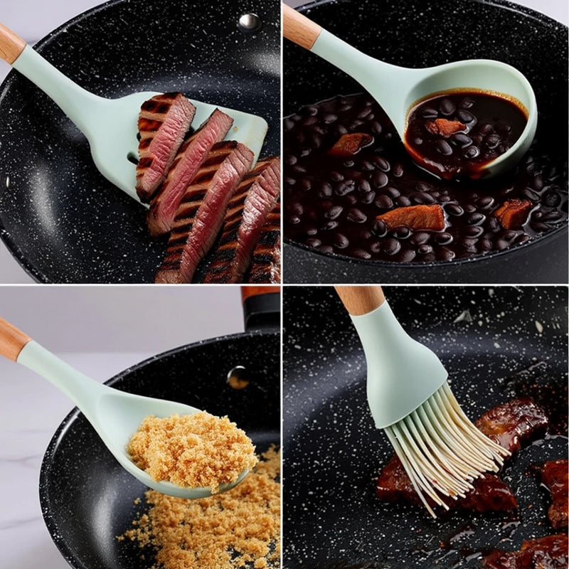 Kit 12 Utensílios de Silicone Luxo com Cabo de Madeira RoyalKitchen™- Promoção Black Friday