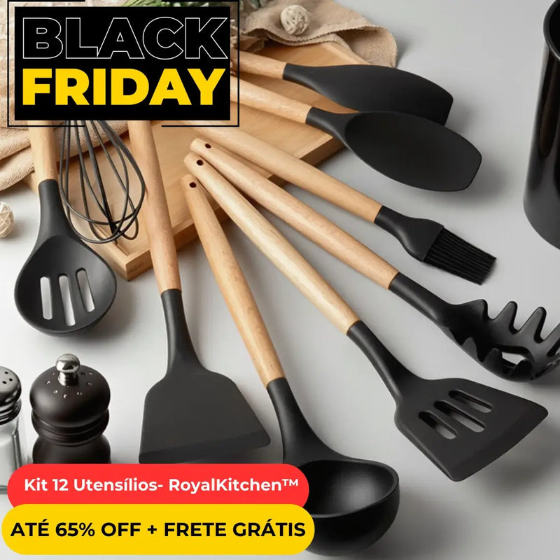 Kit 12 Utensílios de Silicone Luxo com Cabo de Madeira RoyalKitchen™- Promoção Black Friday