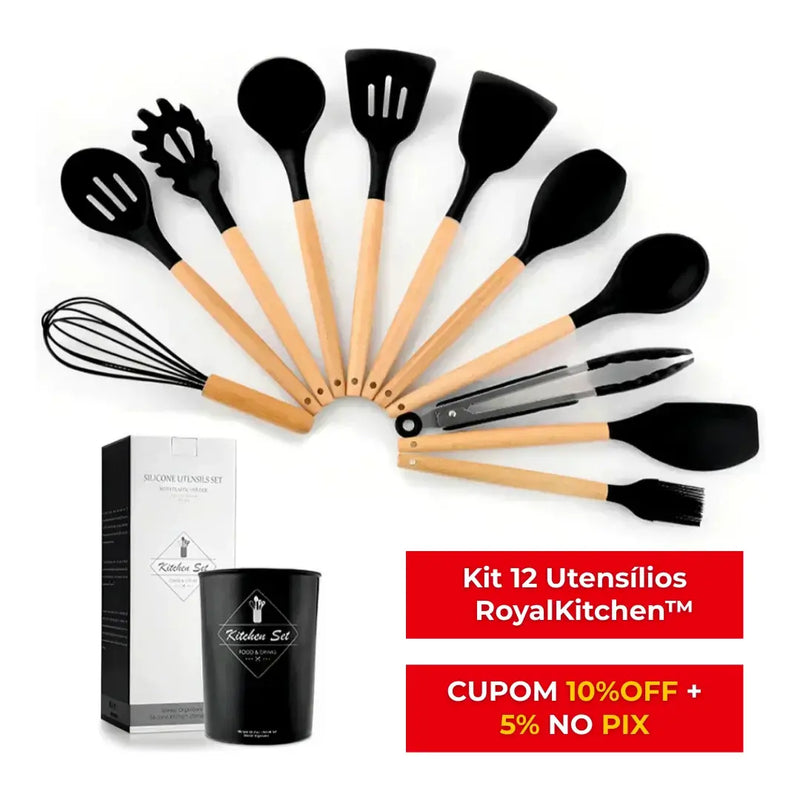 Kit 12 Utensílios de Silicone com Cabo de Madeira RoyalKitchen™