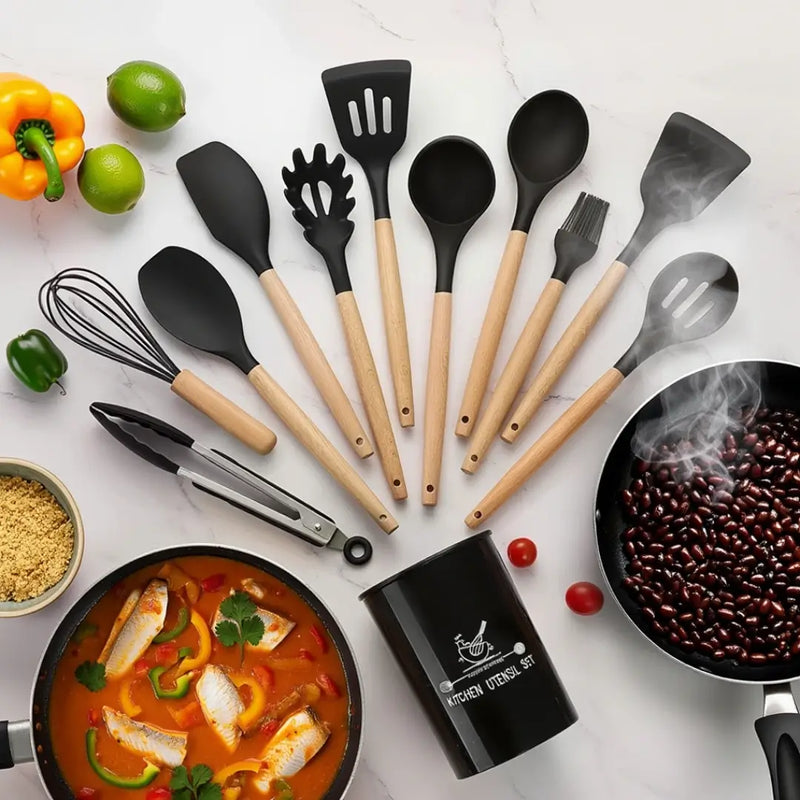 Kit 12 Utensílios de Silicone Luxo com Cabo de Madeira RoyalKitchen™- Promoção Black Friday